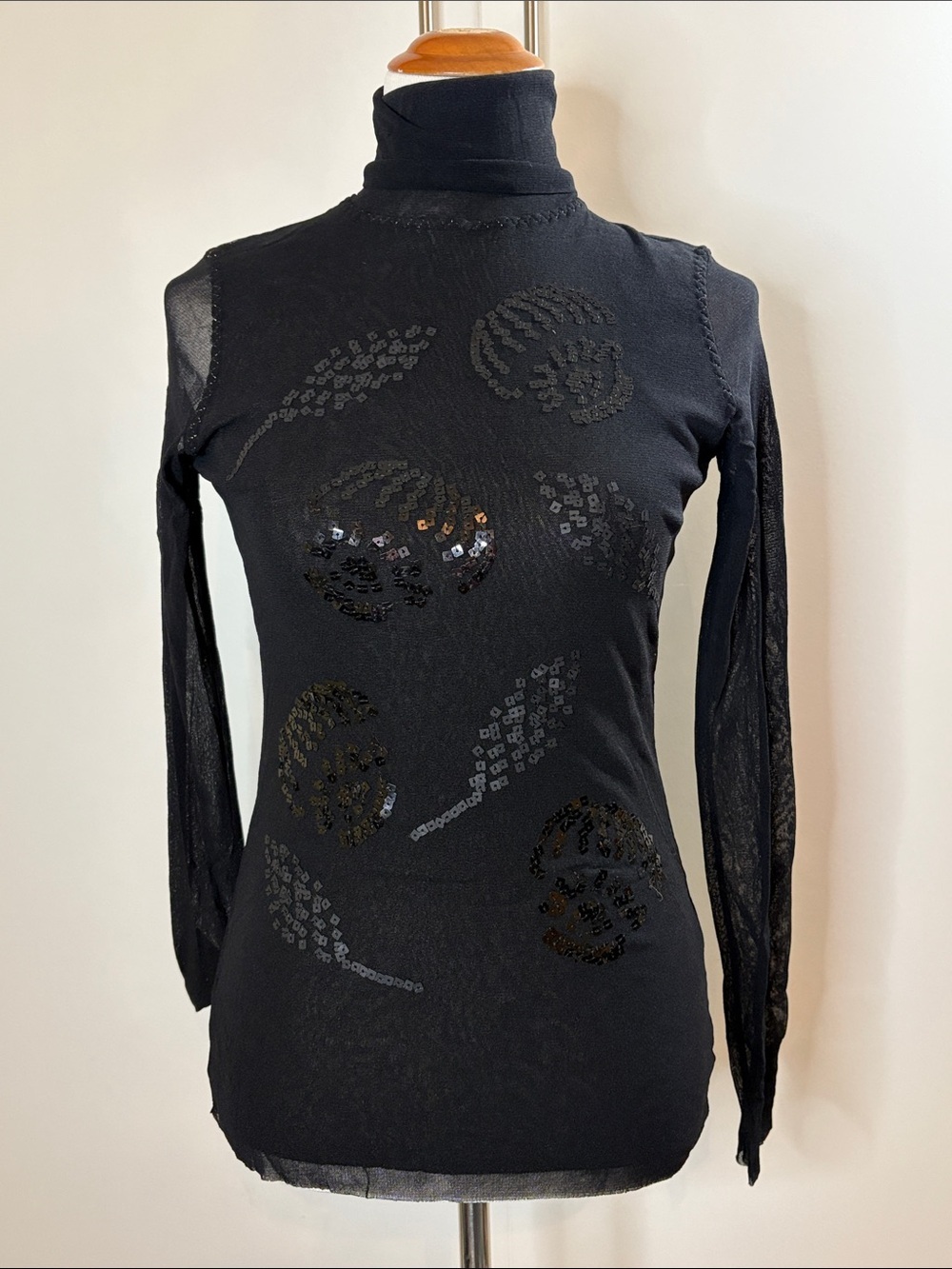 FUZZI Vintage Italy Tulle Mesh & Sequin Black Long Sleeve Tee - L